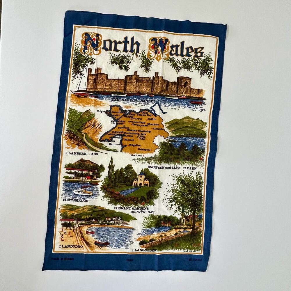 Vintage Travel Souvenir England North Wales  Towel Kitchen Wall Hanging
